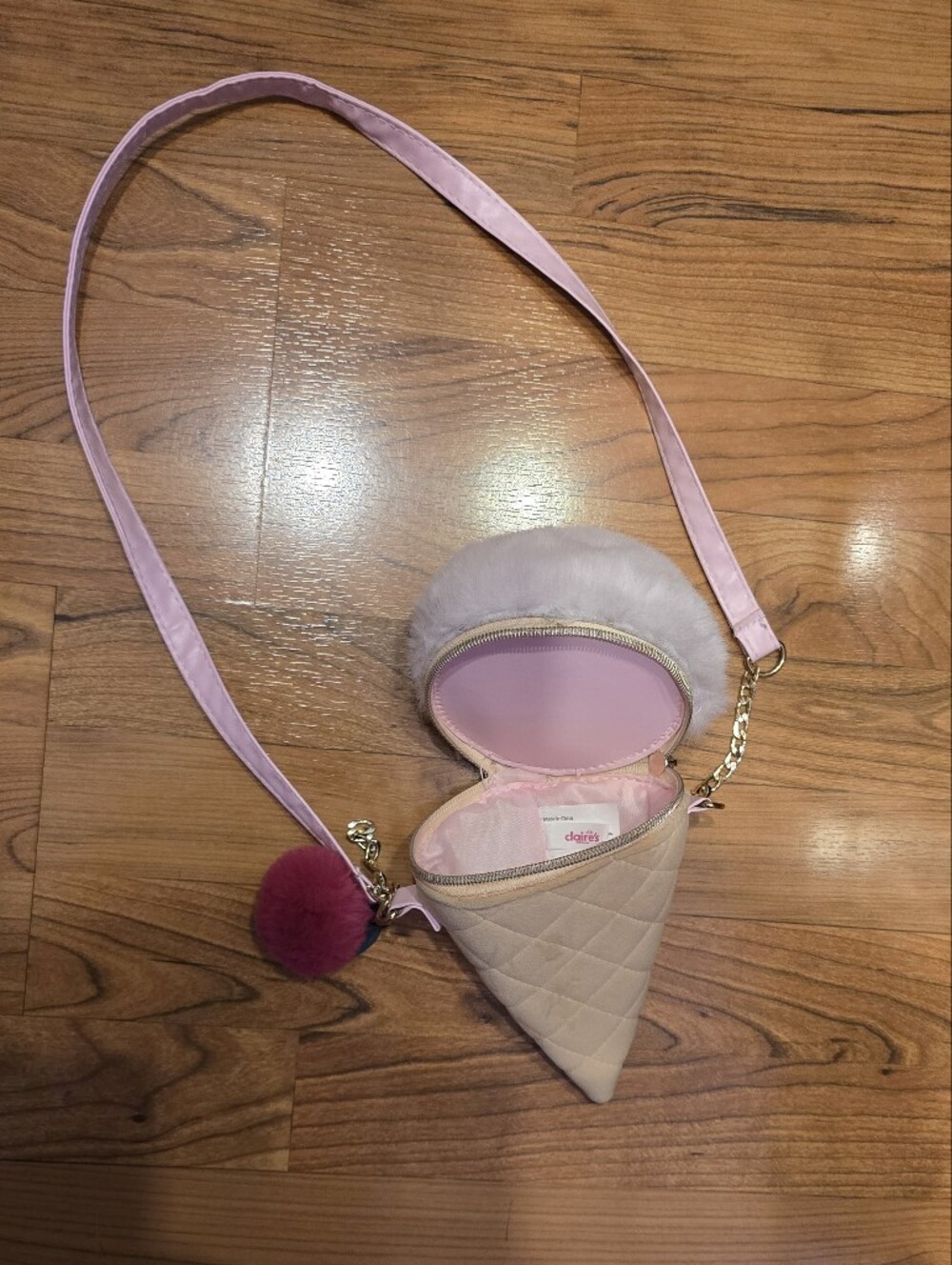 Claire's Light Pink Ice Cream Cone Card Holder Crossbody with Fuchsia Pom
